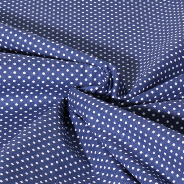 Tissu Popeline de Coton  Carmella à pois blanc sur fond Bleu marine - Par 10 cm
