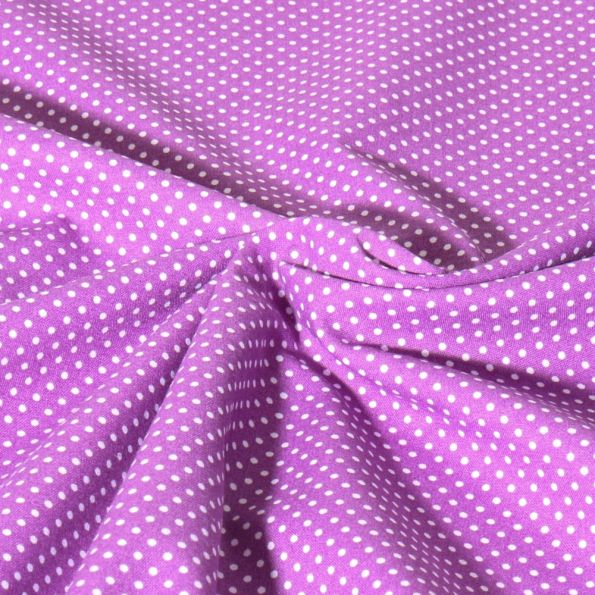 Tissu Popeline de Coton  Carmella à pois blanc sur fond Lilas - Par 10 cm