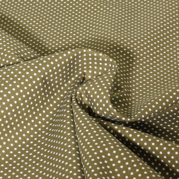 Tissu Popeline de Coton  Carmella à pois blanc sur fond Vert kaki - Par 10 cm