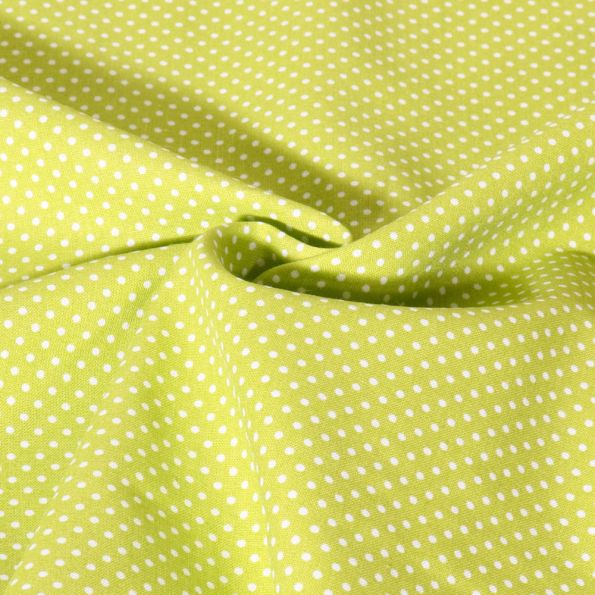 Tissu Popeline de Coton  Carmella à pois blanc sur fond Vert anis - Par 10 cm