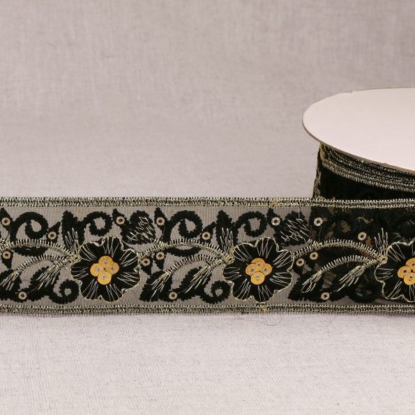Galon brodé Paillettes 45 mm Noir x1m