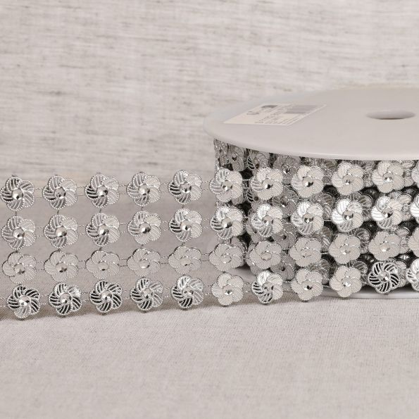 Galon Fleurs paillettes 55 mm 4 rangs Argent x1m