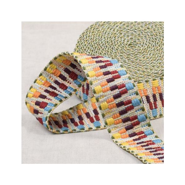 Sangle Ethnique 38 mm - Multicolore sur fond beige x1m