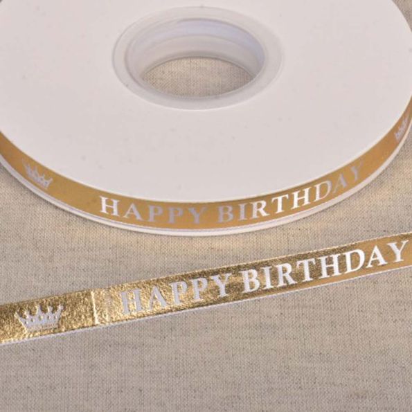 Ruban imprimé Happy Birthday 10 mm Or x1m