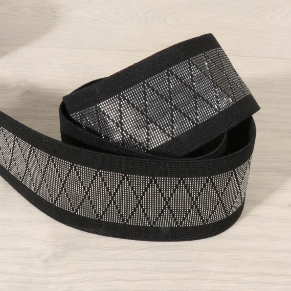 Elastique Plat 40 mm Lurex Argent sur fond Noir x1m