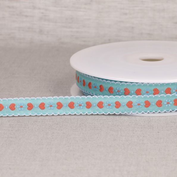 Ruban imprimé 15 mm coeurs sur fond Bleu clair x1m