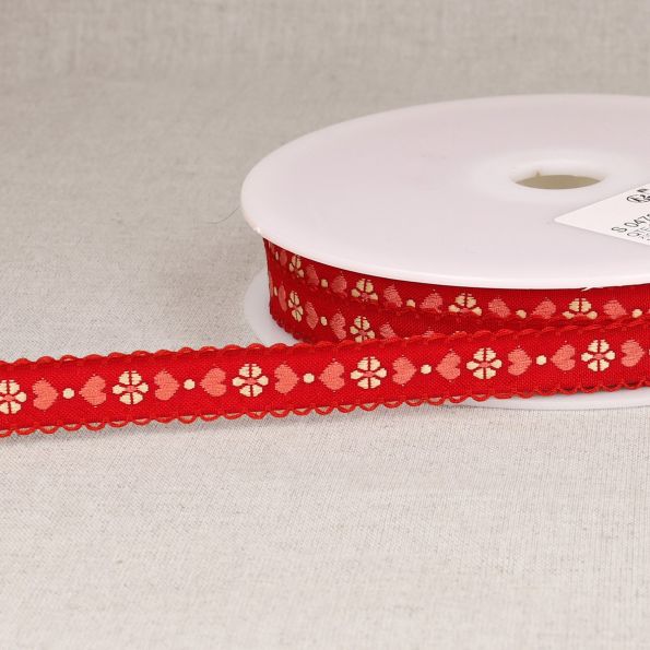 Ruban imprimé 15 mm coeurs sur fond Rouge x1m