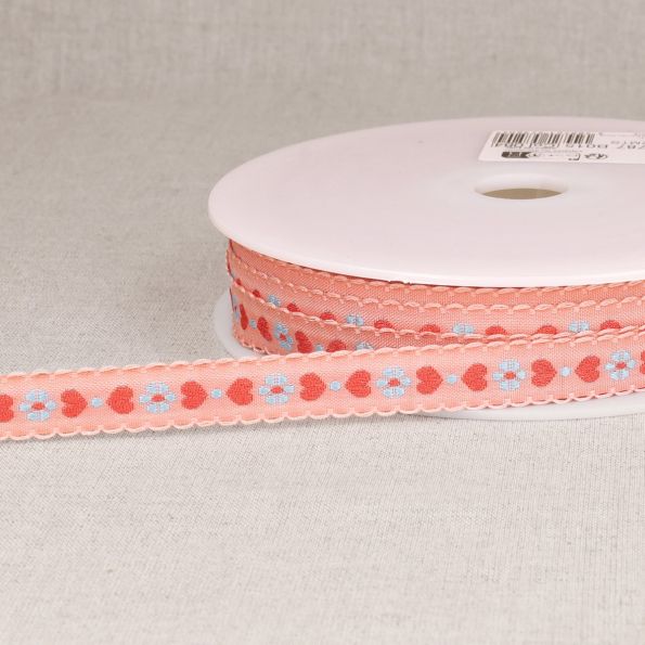 Ruban imprimé 15 mm coeurs sur fond Saumon x1m