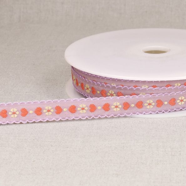 Ruban imprimé 15 mm coeurs sur fond Parme x1m