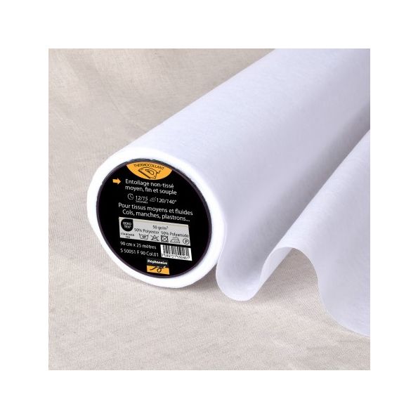 Entoilage Thermocollant non tissé fine N50 Blanc - Par 10 cm
