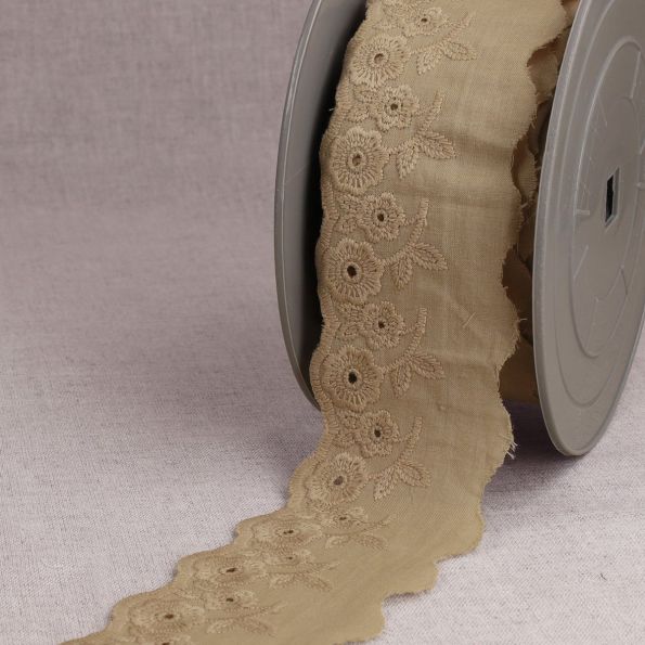 Ruban Broderie anglaise 50 mm bouquet fleurs  Beige x1m