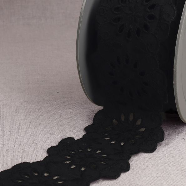 Ruban Broderie anglaise grosses fleurs 65 mm Noir x1m
