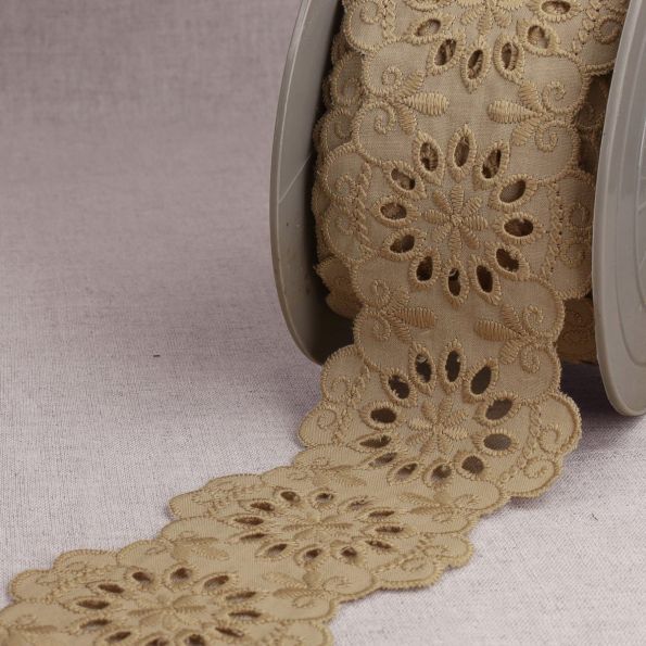 Ruban Broderie anglaise grosses fleurs 65 mm Beige x1m