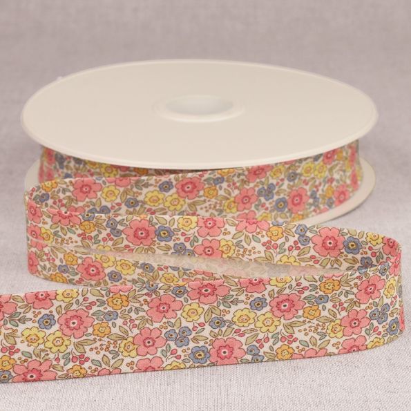 Biais replié 25mm Petites fleurs Rose x1m