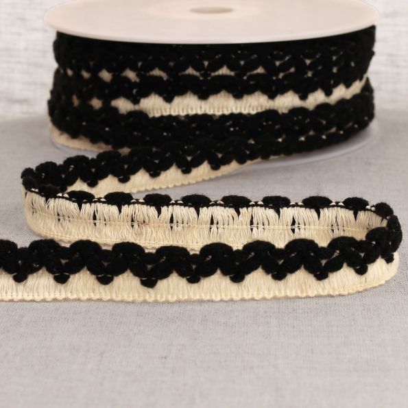 Galon Tresse zig zag 22 mm pompons  Noir x1m