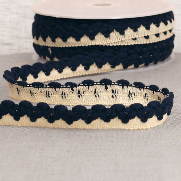 Galon Tresse zig zag 22 mm pompons Bleu marine x1m