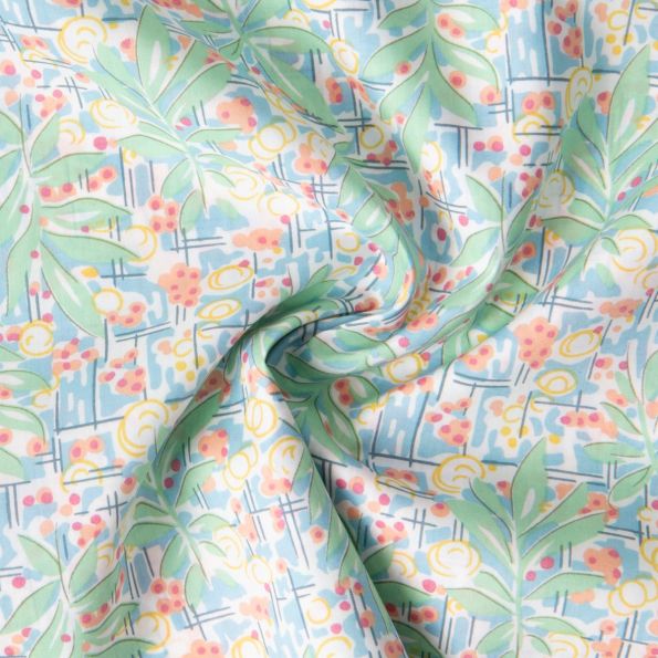 Tissu Coton Liberty of London Bleu et vert amande sur fond Blanc - Par 10 cm
