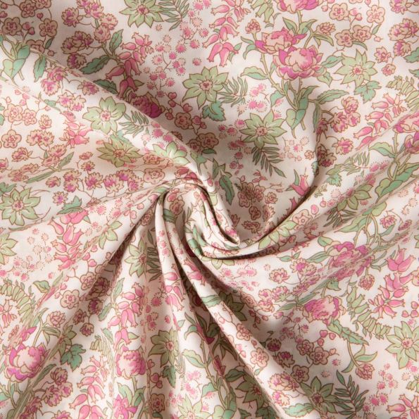 Tissu Coton Liberty of London Fleuris rose et vert sur fond Ecru - Par 10 cm
