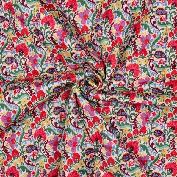 Tissu Voile de Coton Matelassé réversible Lila fleurs vintage sur fond Blanc - Par 10 cm