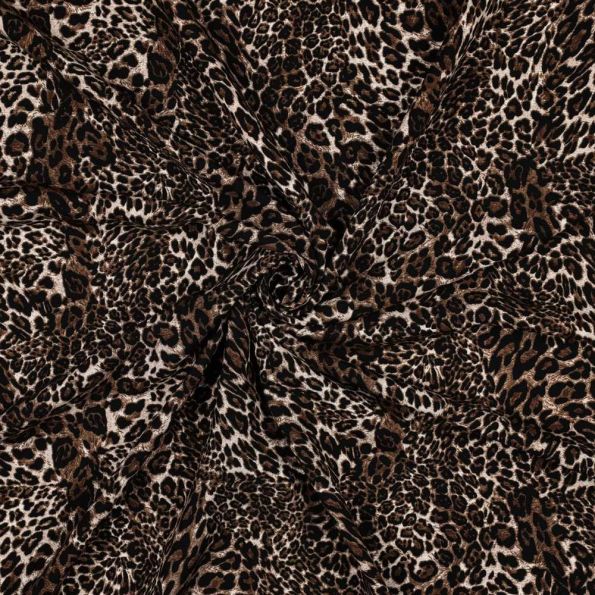 Tissu Viscose imprimé digital Laura motif lépopard sur fond Brun - Par 10 cm