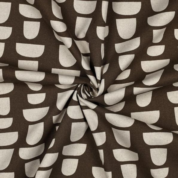 Tissu Toile Polycoton aspect lin Lili motifs abstrait sur fond Brun - Par 10 cm