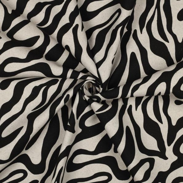 Tissu Toile Polycoton canvas aspect lin Lila motif zebré Noir sur fond Naturel - Par 10 cm
