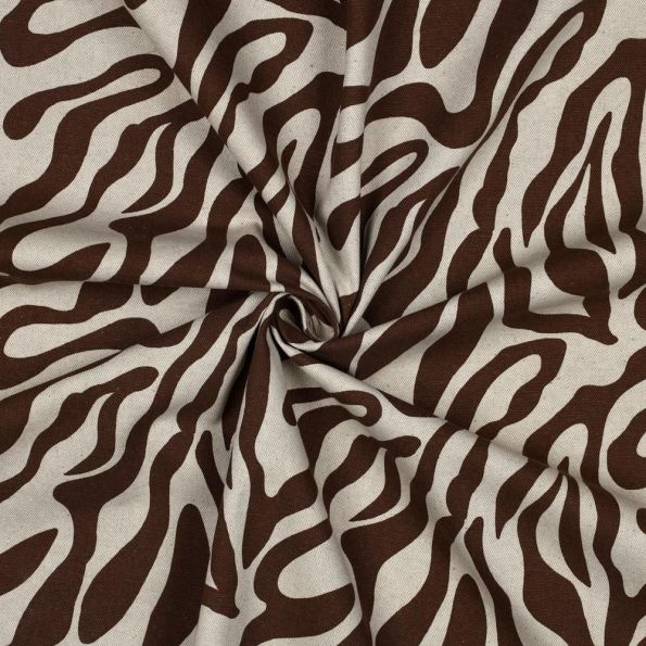 Tissu Toile Polycoton canvas aspect lin Lila motif zebré Marron sur fond Naturel - Par 10 cm