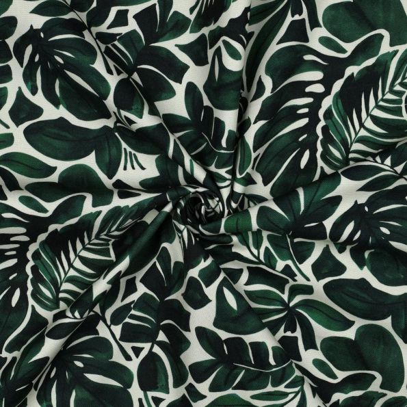 Tissu Toile de Coton canvas digital Iris feuillage Vert sur fond Blanc - Par 10 cm
