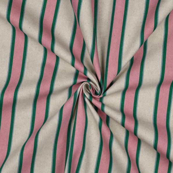 Tissu Toile Polycoton canvas aspect lin Lior rayures Rose et Vert sur fond Naturel - Par 10 cm