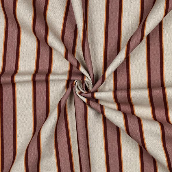 Tissu Toile Polycoton canvas aspect lin Lior rayures Vieux rose et Orange sur fond Naturel - Par 10 cm