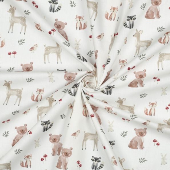 Tissu Popeline de Coton digital Tara animaux de la forêt sur fond Blanc - Par 10 cm