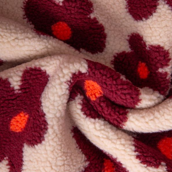 Tissu Sherpa Elya Fleurs Bordeaux sur fond Ecru - Par 10 cm