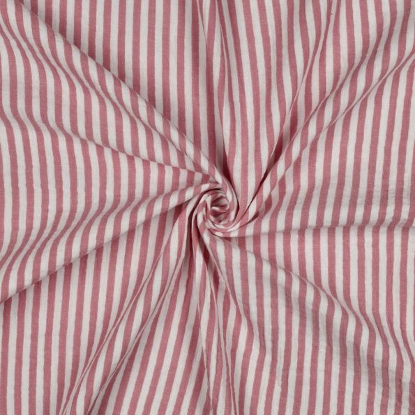Tissu Double gaze de Coton fil teint Rayures Rose poudré sur fond Blanc - Par 10 cm