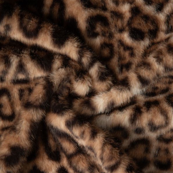 Tissu Fausse fourrure long poil Panthère noir sur fond Marron - Par 10 cm