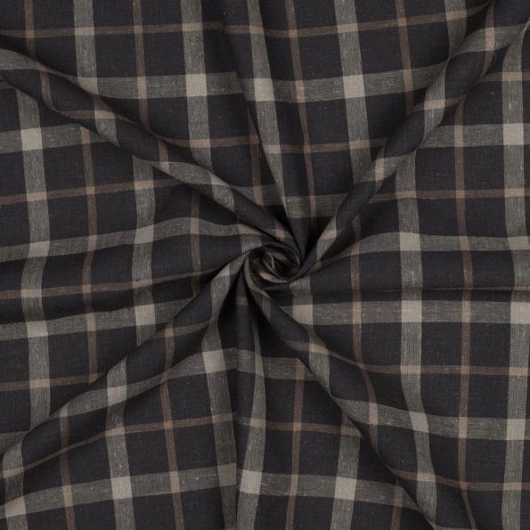 Tissu Lin Viscose Justin carreaux Grège sur fond Gris anthracite profond - Par 10 cm