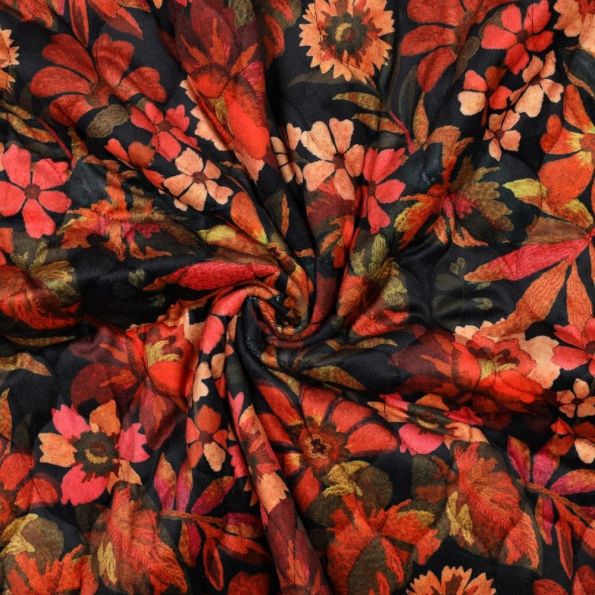 Tissu Velours Matelassé réversible Poppy fleurs d'automne sur fond Noir - Par 10 cm