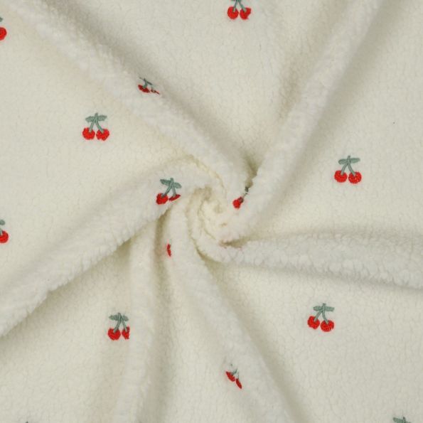 Tissu Bouclettes Cerises brodées sur fond Ecru - Par 10 cm