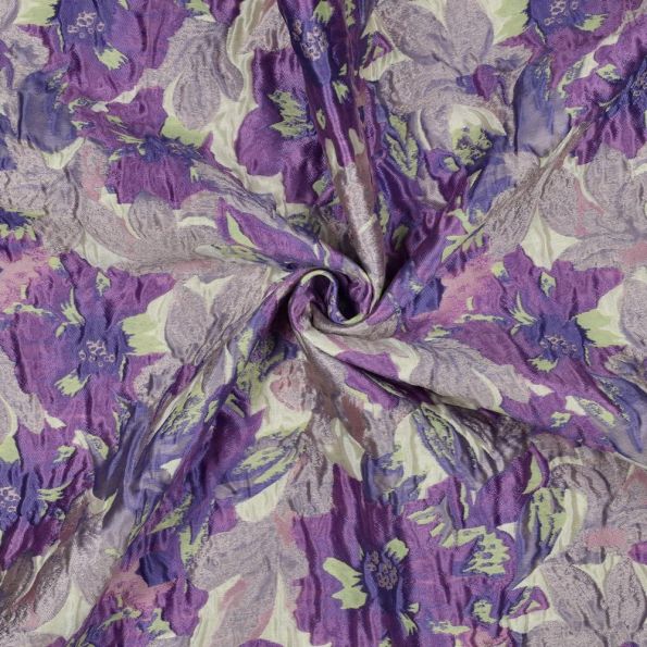 Tissu Jacquard Clara fleuris Lilas sur fond Ecru - Par 10 cm