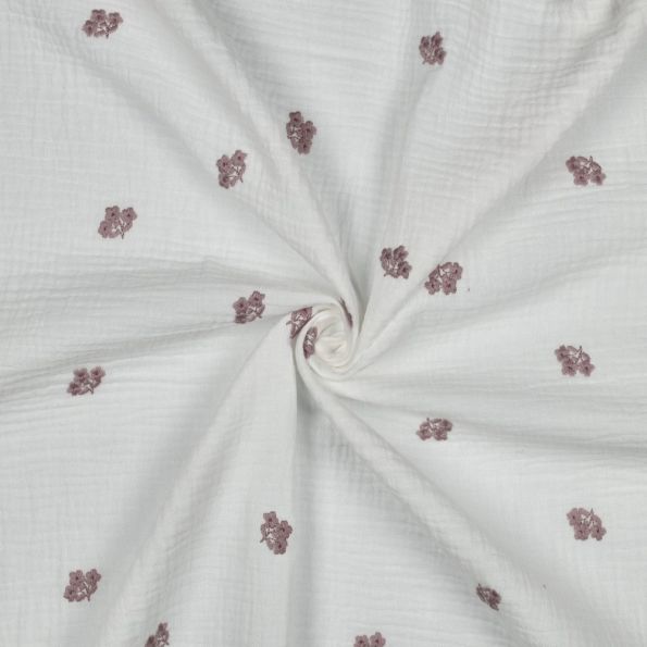 Tissu Double gaze de Coton Irina Broderie petites fleurs sur fond Blanc - Par 10 cm