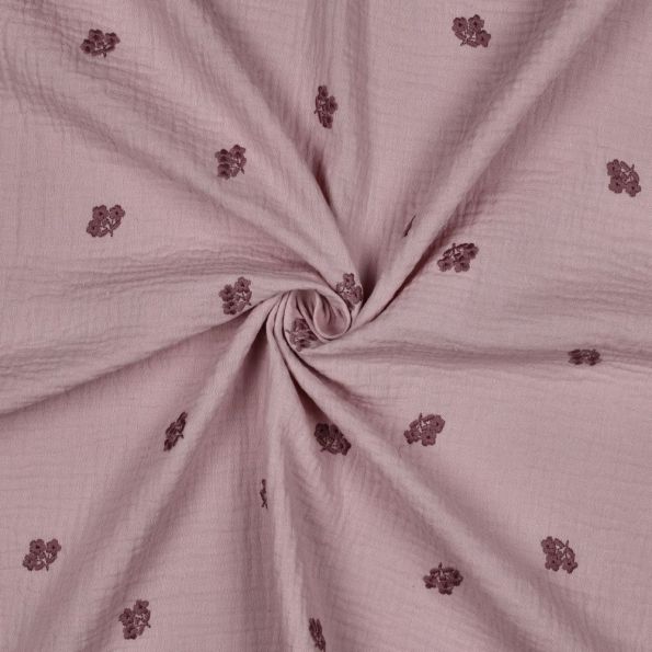 Tissu Double gaze de Coton Irina Broderie petites fleurs sur fond Vieux rose - Par 10 cm