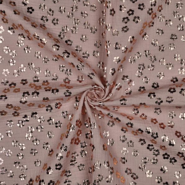 Tissu Double gaze de Coton Poppy Fleur foil sur fond Vieux rose - Par 10 cm