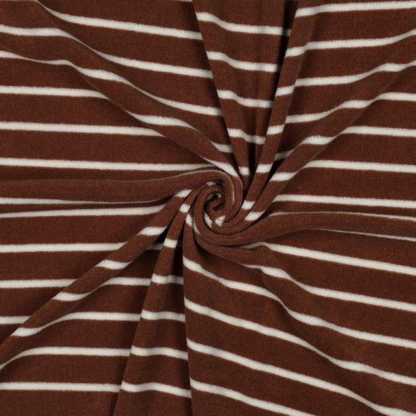 Tissu Jersey Velours Eponge fil teint rayé Blanc sur fond Terracotta - Par 10 cm