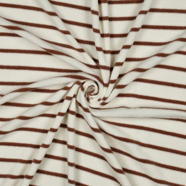 Tissu Jersey Velours Eponge fil teint rayé Terracotta sur fond Ecru - Par 10 cm