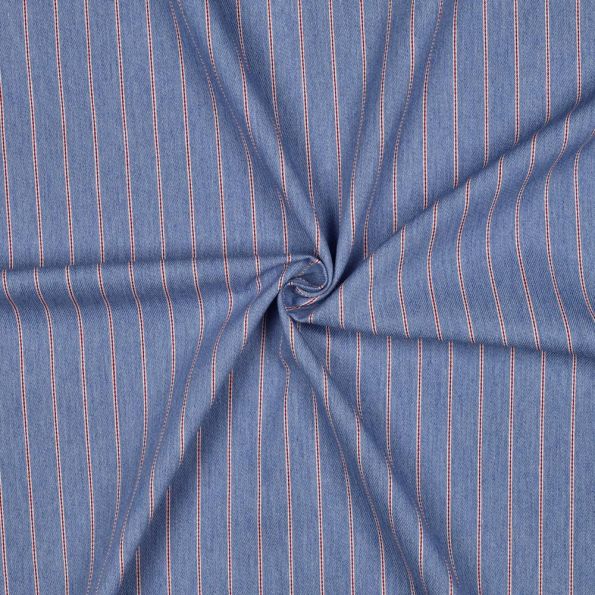 Tissu Jeans Denim Alix Rayures fines bordeaux sur fond Bleu - Par 10 cm