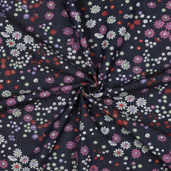 Tissu Chambray Coton Fleuris Lyséa sur fond Bleu marine - Par 10 cm