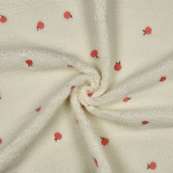 Tissu Bouclette Teddy Pêches brodées sur fond Blanc cassé - Par 10 cm