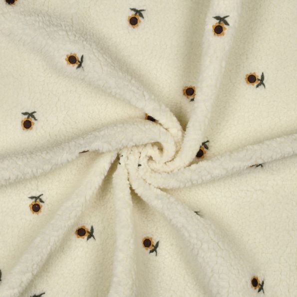 Tissu Bouclette Teddy Tournesols brodés sur fond Blanc cassé - Par 10 cm