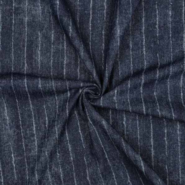 Tissu Jean Denim rayé sur fond Bleu marine - Par 10 cm