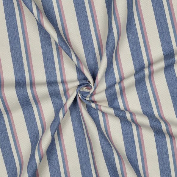 Tissu Jeans Denim fil teinté Chloé Rayures bleu et rose sur fond Ecru - Par 10 cm