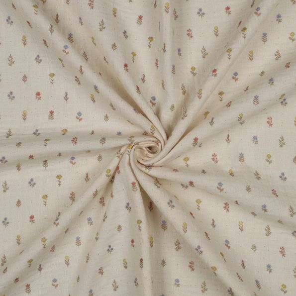 Tissu Double gaze de Coton Bio Nadia petites fleurs multicolore sur fond Naturel - Par 10 cm